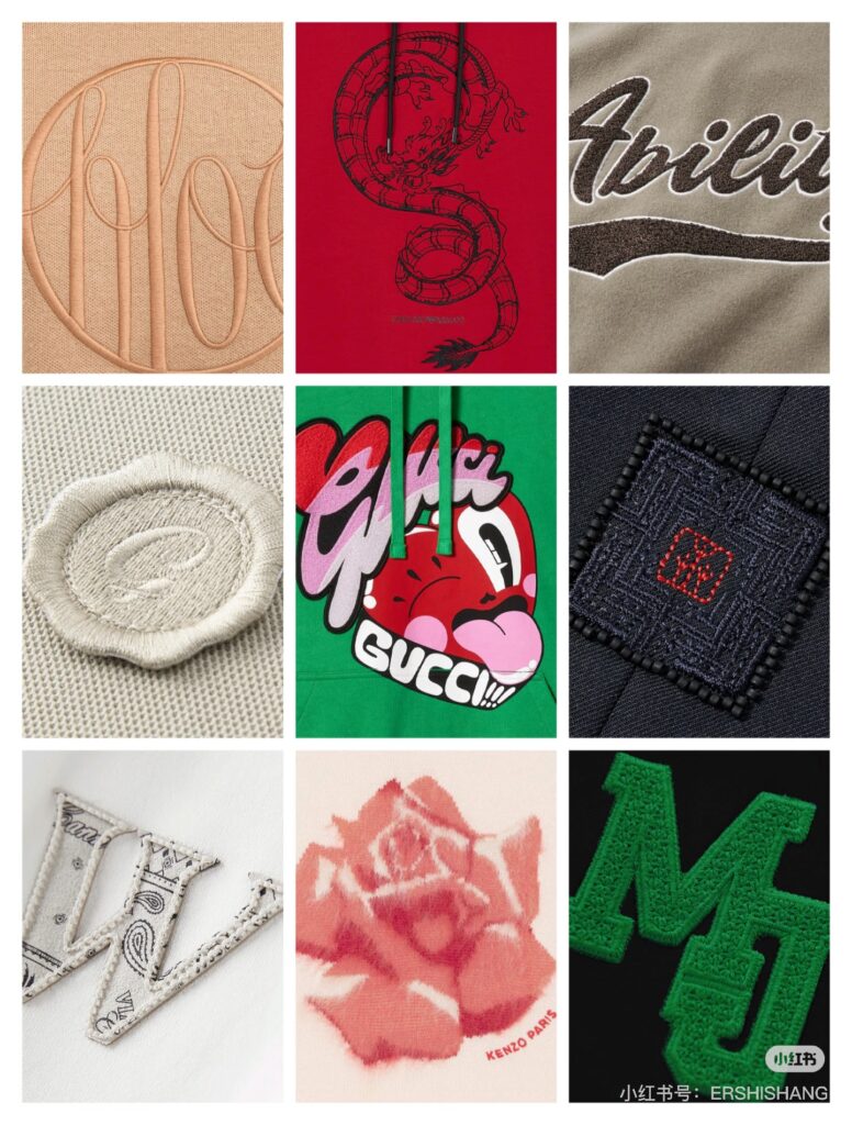 Display of different embroidery techniques