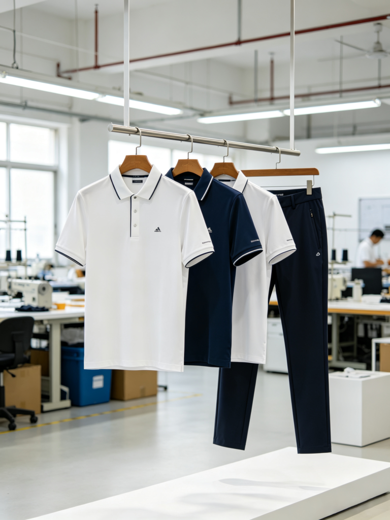 polo shirt and pants Custom Mens Womens Golf Apparel Manufacturers China Custom Mens Womens Golf Apparel Manufacturers China B2B golf apparel factory showroom neat hanging custom golf polo shirts and golf trousers factory workspace soft natural lighting commercial product photography clean white background business style for wholesale website