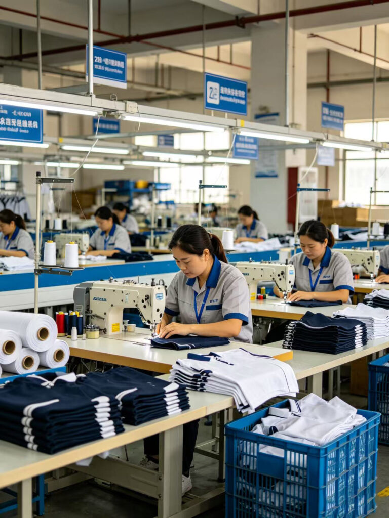 Garment factory production line, golf clothes sewing workshop, tidy factory environment, B2B manufacturer industrial photo, realistic style