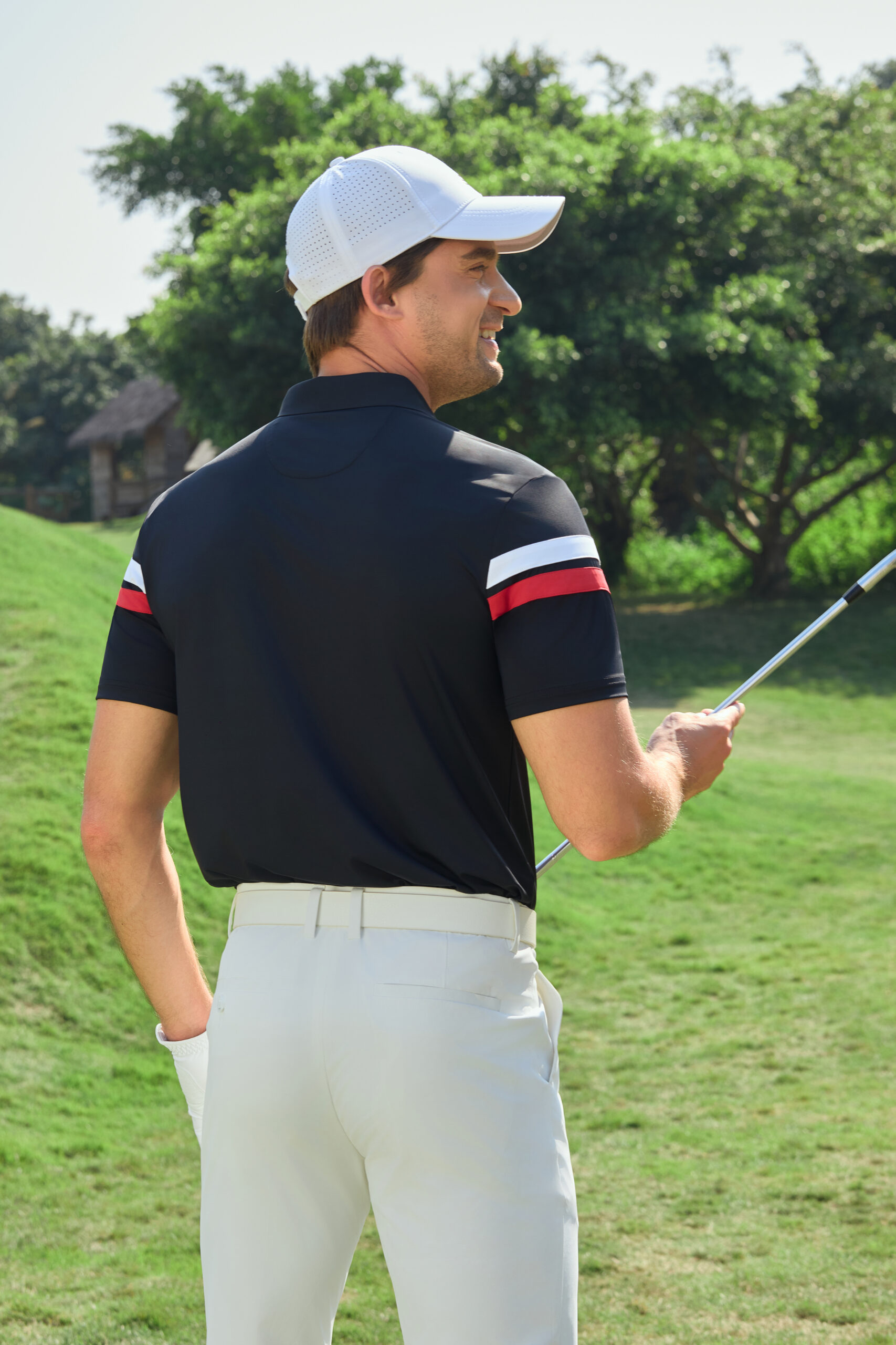 black golf polo shirt with 2 stripe Custom Mens Womens Golf Apparel Manufacturers China